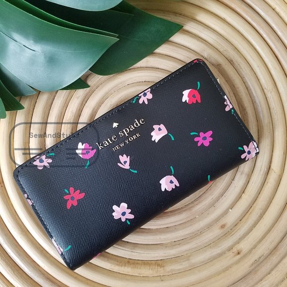 Kate Spade NWT Kate Spa Staci Ditsy Buds Large Slim Bifold Wallet in Black - Picture 2 of 14